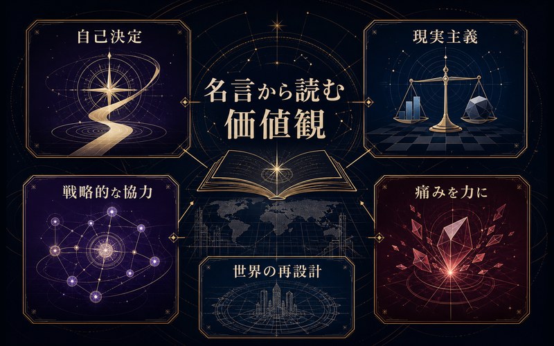 ルルーシュの名言から読み取れる自己決定・現実主義・協力・痛み・世界再設計の価値観をまとめた画像