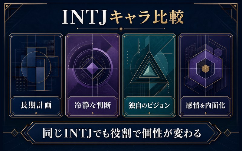 INTJタイプのアニメキャラクターに共通する長期計画・冷静な判断・独自のビジョンをまとめた比較画像