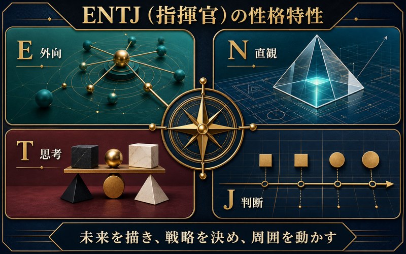 ENTJ指揮官タイプのE外向・N直観・T思考・J判断と未来を戦略で動かす特徴のまとめ画像