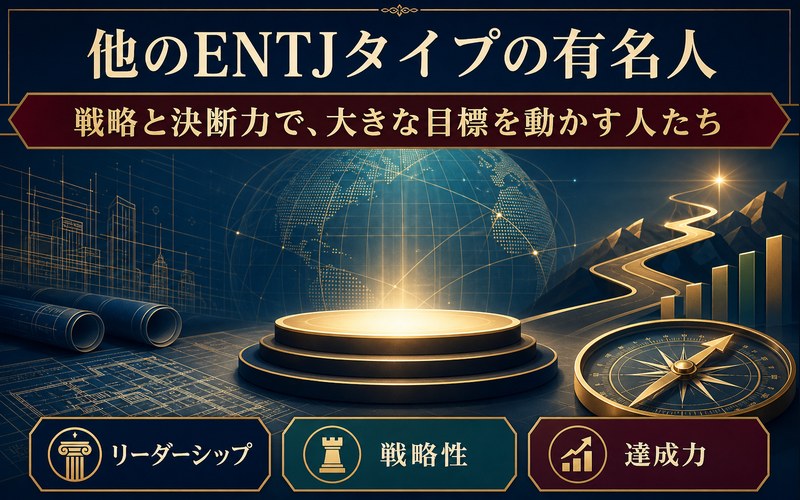ENTJタイプの有名人に見られるリーダーシップ・戦略性・達成力をまとめた画像
