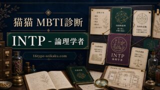 猫猫MBTI診断のアイキャッチ。薬棚と推理カードでINTP論理学者タイプを表現したImage2画像。