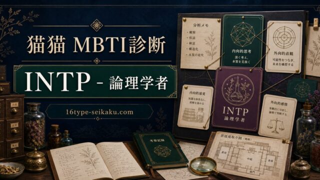 猫猫MBTI診断のアイキャッチ。薬棚と推理カードでINTP論理学者タイプを表現したImage2画像。