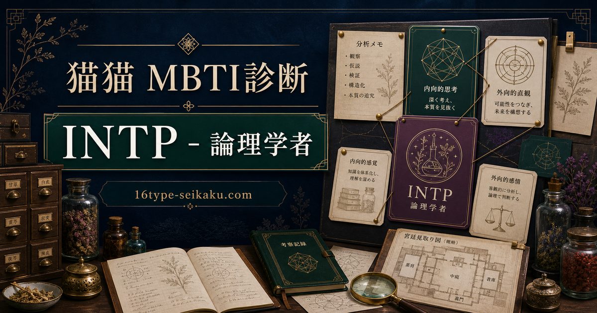 猫猫MBTI診断のアイキャッチ。薬棚と推理カードでINTP論理学者タイプを表現したImage2画像。