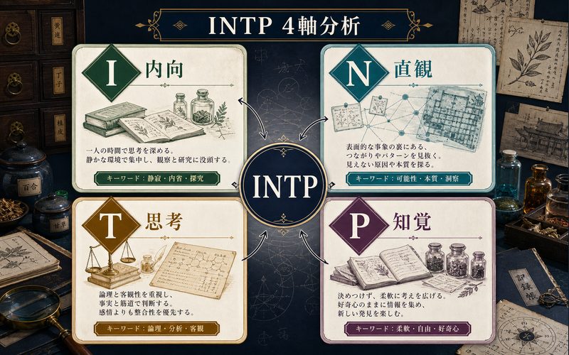 猫猫がINTP論理学者タイプである理由をI/N/T/Pの4軸で整理したImage2要約画像。