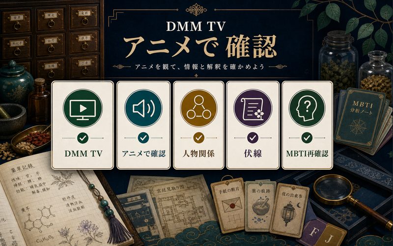 DMM TVでアニメを見ながら人物関係・伏線・MBTIを再確認する流れを整理したImage2要約画像。