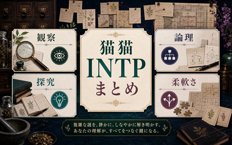 猫猫がINTPらしい理由を観察・論理・探究・柔軟さでまとめたImage2要約画像。