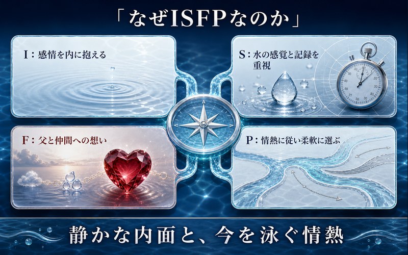 松岡凛がISFPと考えられる理由をI内向・S感覚・F感情・P知覚の4軸でまとめた画像