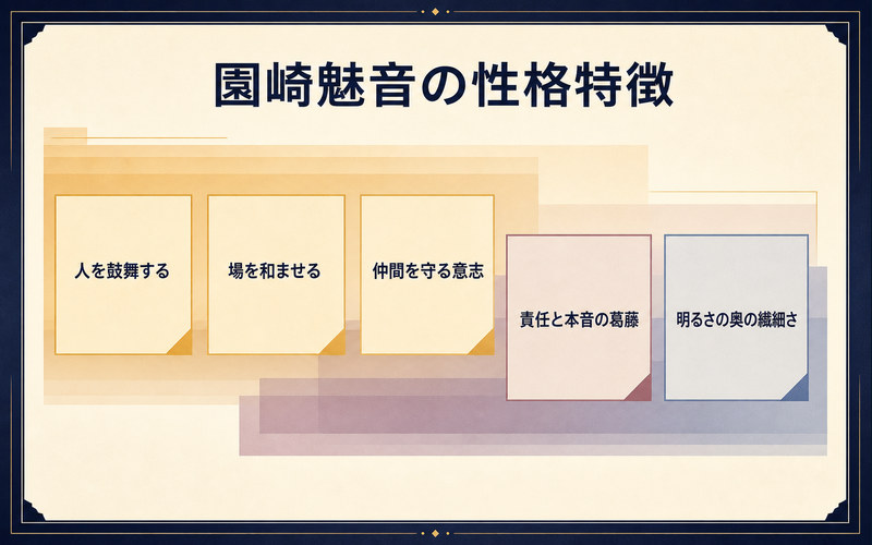 園崎魅音の性格特徴を人を鼓舞する・場を和ませる・仲間を守る・責任と本音の葛藤・明るさの奥の繊細さでまとめた画像