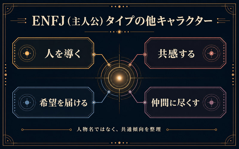 ENFJ主人公タイプの他キャラクターに共通する人を導く・共感する・希望を届ける・仲間に尽くす傾向をまとめた画像