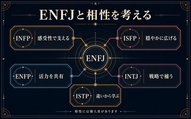 園崎魅音のENFJとINFP・ISFP・ENFP・INTJ・ISTPの相性を支え合いや補完関係として示したMBTI相性画像