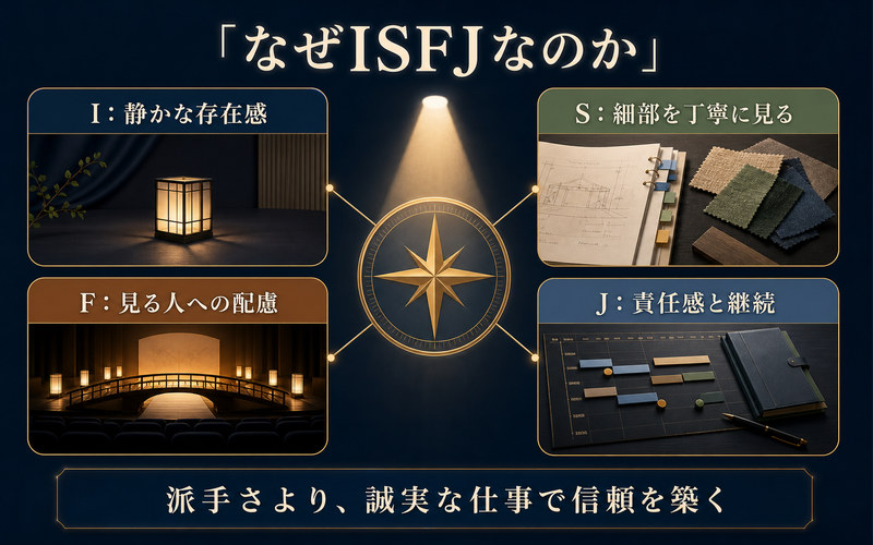 向井理がISFJと考えられる理由をI内向・S感覚・F感情・J判断の4軸でまとめた画像