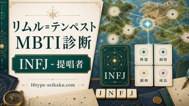 リムル=テンペストのMBTI診断アイキャッチ。INFJ提唱者タイプを国づくりと調和の抽象図解で表現