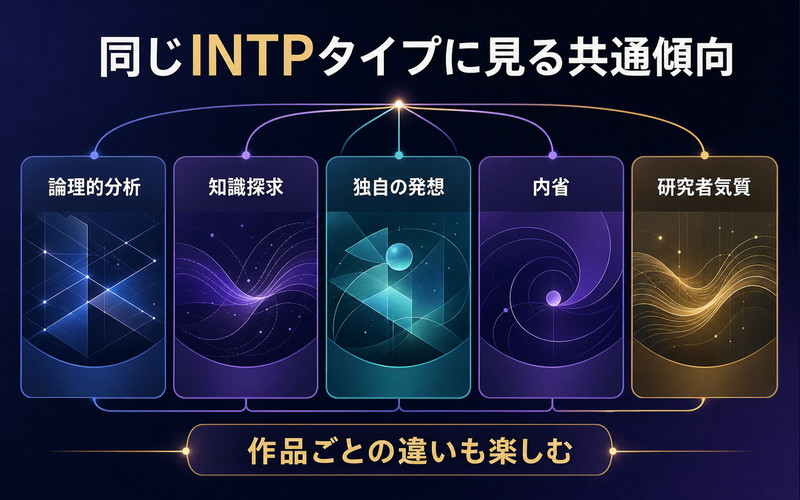 他作品のINTPキャラクターに共通する論理的分析・知識探求・独自発想・内省・研究者気質を整理したImage2要約画像