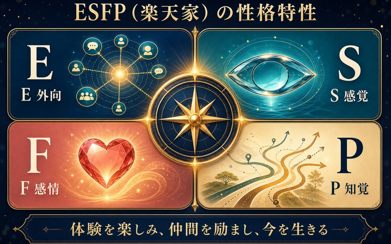 ESFP楽天家タイプのE外向・S感覚・F感情・P知覚と体験を楽しみ今を生きる特徴のまとめ画像