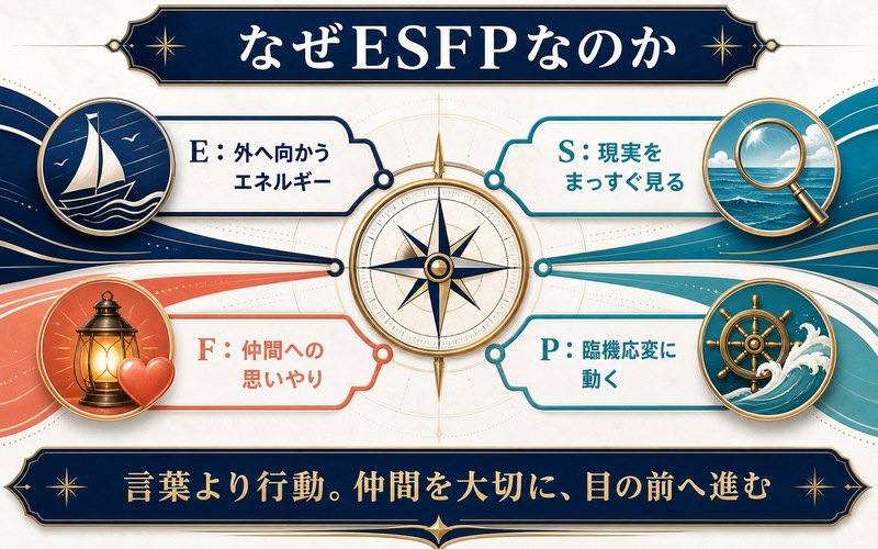 ルフィがESFPと考えられる理由を外向・現実的・思いやり・臨機応変の4軸で示した画像