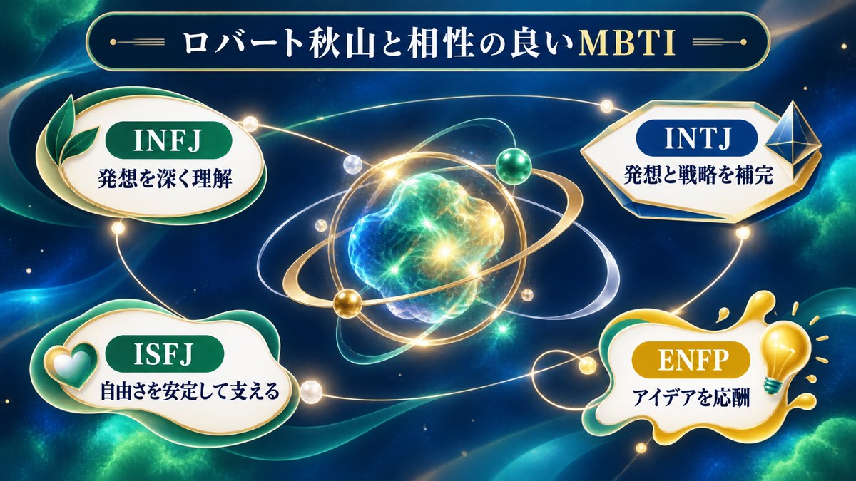 ロバート秋山さんとINFJ、INTJ、ISFJ、ENFPの相性傾向を順位づけず整理した画像