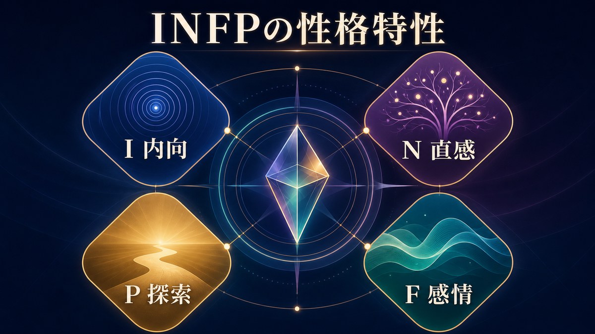 INFPの性格特性をI内向・N直感・F感情・P探索で整理した画像