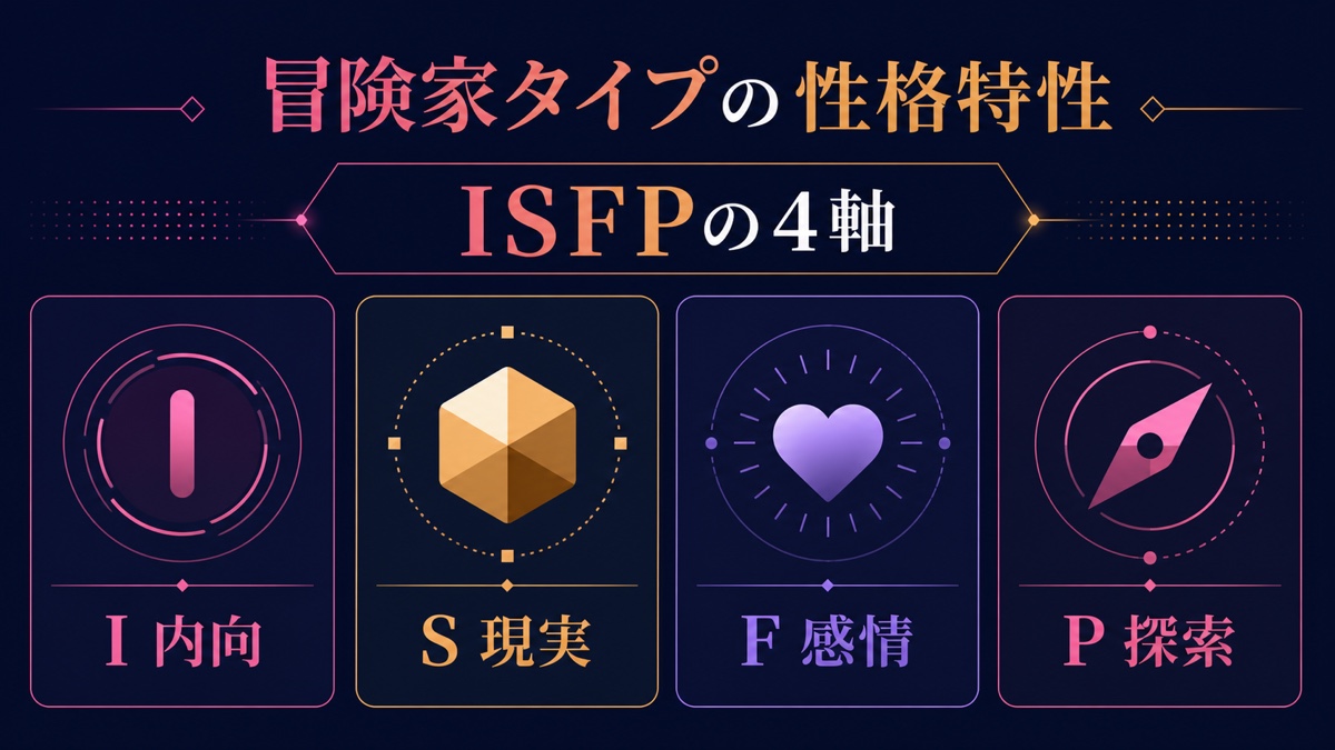 冒険家タイプの性格特性をI内向・S現実・F感情・P探索の4軸で整理した画像