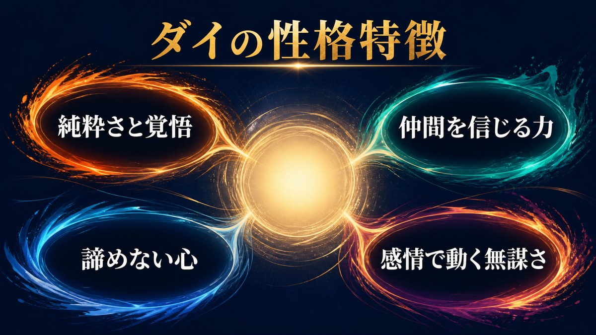 ダイの性格特徴を純粋さ・仲間への信頼・諦めない心・感情的な無謀さで整理した画像
