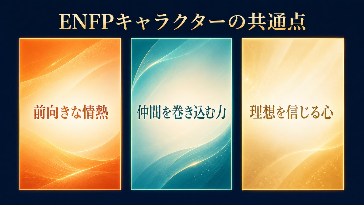ENFPキャラクターの共通点を前向きな情熱・仲間を巻き込む力・理想を信じる心で整理した画像