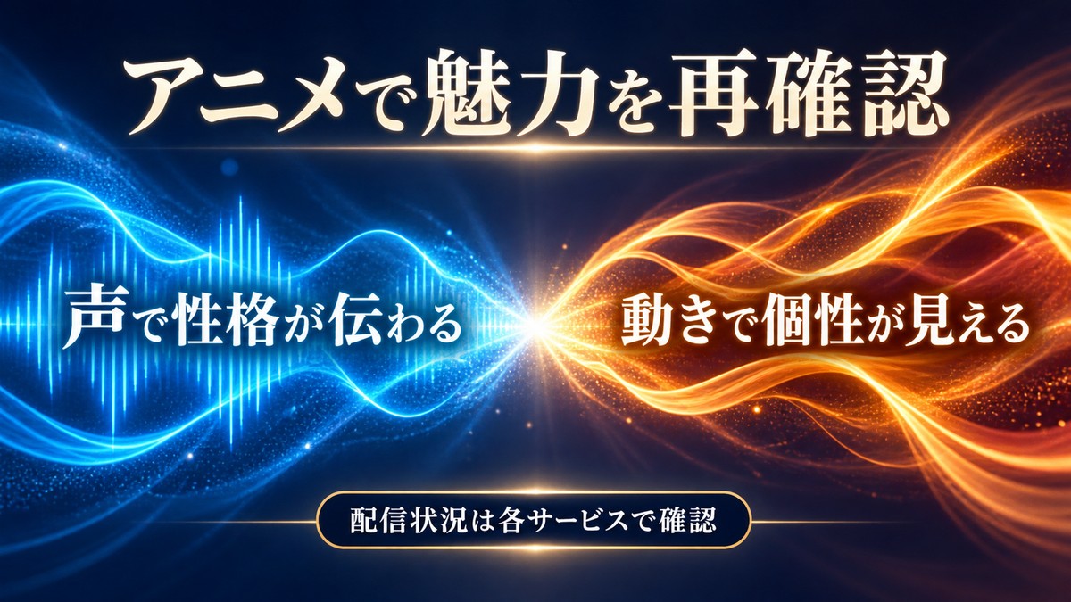 アニメの声と動きからキャラクターの性格と個性を再確認し、配信状況を確認する要点を整理した画像