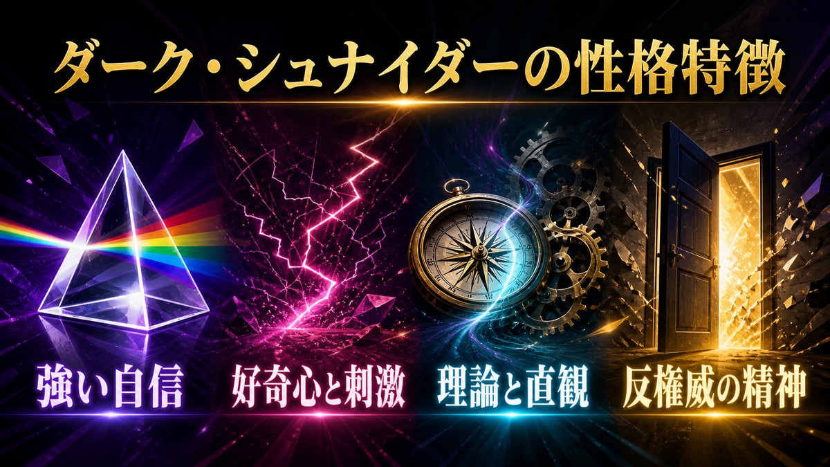 ダーク・シュナイダーの性格特徴を強い自信・好奇心と刺激・理論と直観・反権威の精神で整理した画像