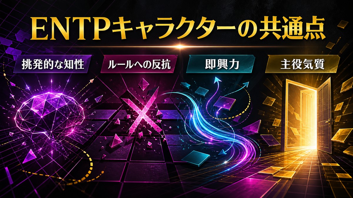 ENTPキャラクターの共通点を挑発的な知性・ルールへの反抗・即興力・主役気質で整理した画像