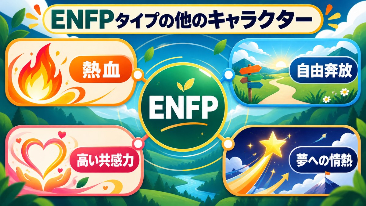 ENFPキャラクターに共通する熱血、自由、共感、夢への情熱を整理した画像