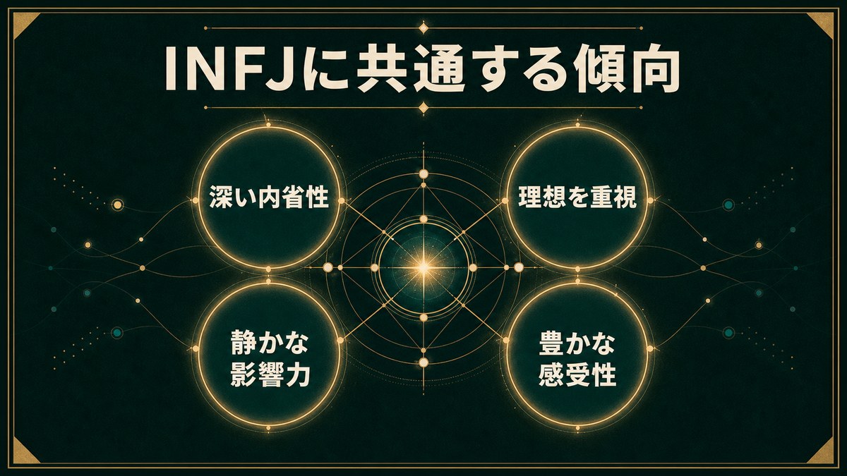 INFJとされる人物に見られる内省、理想、影響力、感受性の傾向を整理した画像