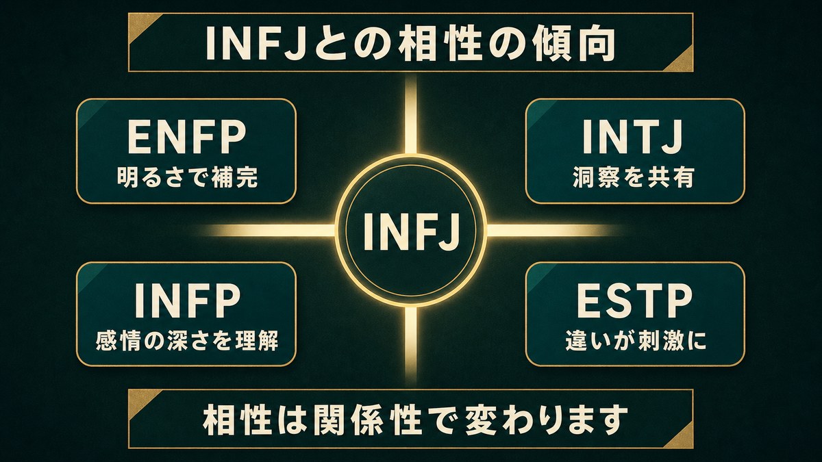 INFJとENFP、INTJ、INFP、ESTPの関係性を順位づけず整理した画像