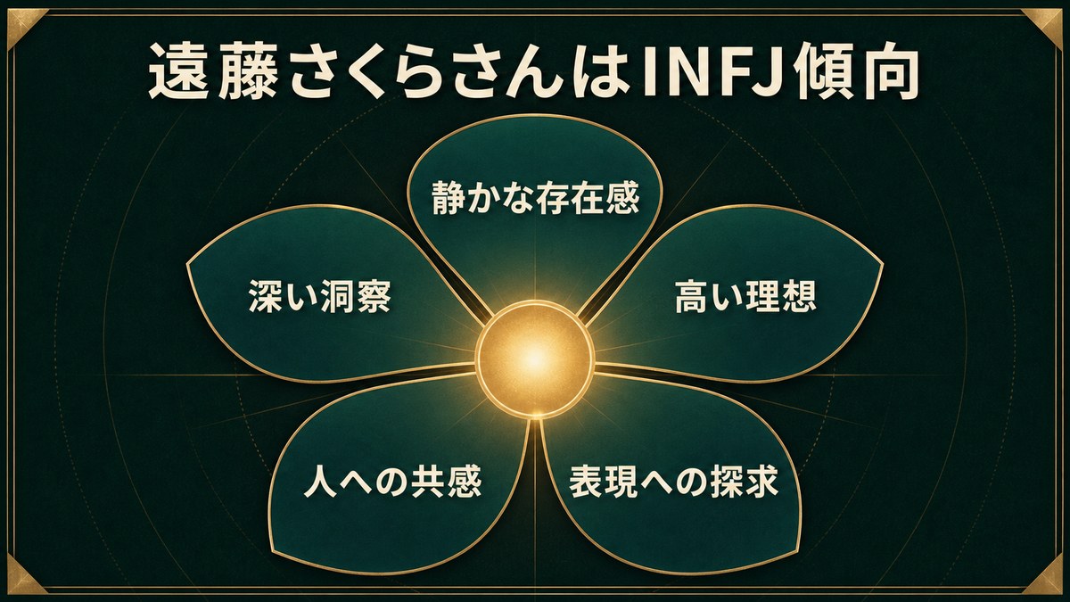 遠藤さくらのINFJ傾向を存在感、洞察、理想、共感、表現の5点でまとめた画像