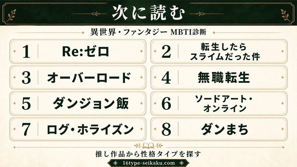 葬送のフリーレンから関連する異世界・ファンタジー8作品のMBTI診断まとめ案内図