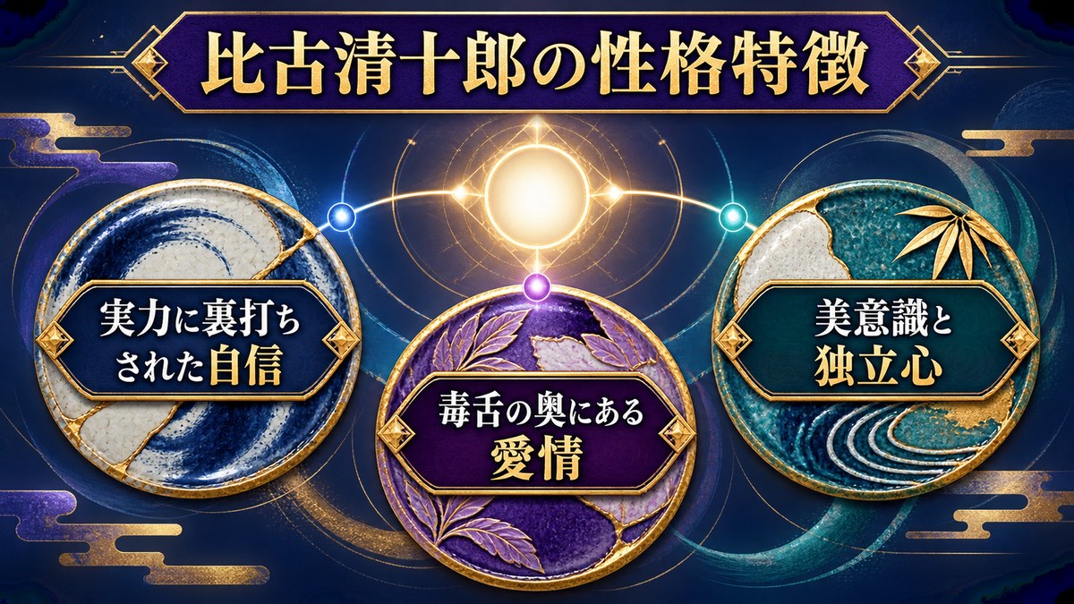 比古清十郎の性格特徴を自信・愛情・美意識と独立心の3点で整理した画像