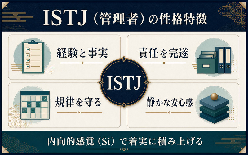 ISTJ管理者タイプの経験と事実・責任・規律・静かな安心感を示す性格特徴図