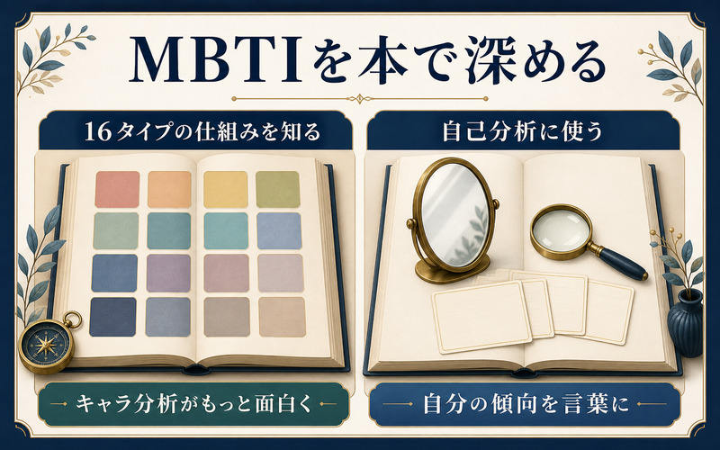 MBTIの本で16タイプの仕組みと自己分析を深める2つの読み方を示す図