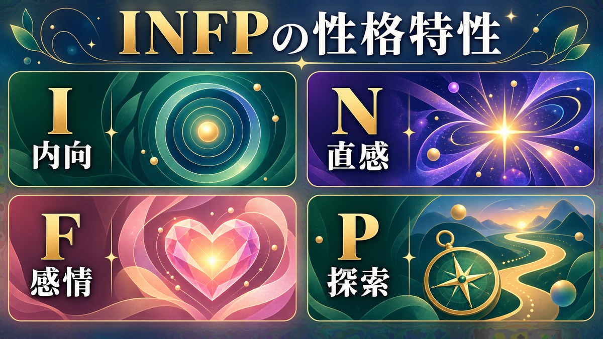 INFPの性格特性をI内向・N直感・F感情・P探索で整理した画像