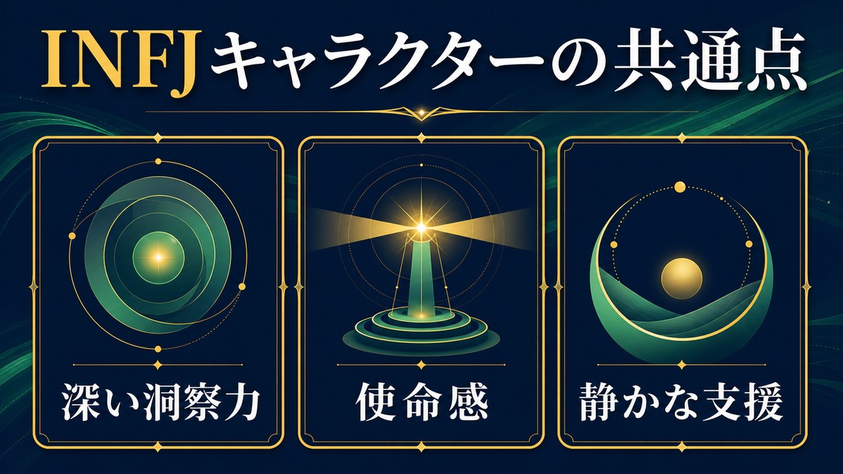 INFJキャラクターの共通点を深い洞察力・使命感・静かな支援で整理した画像