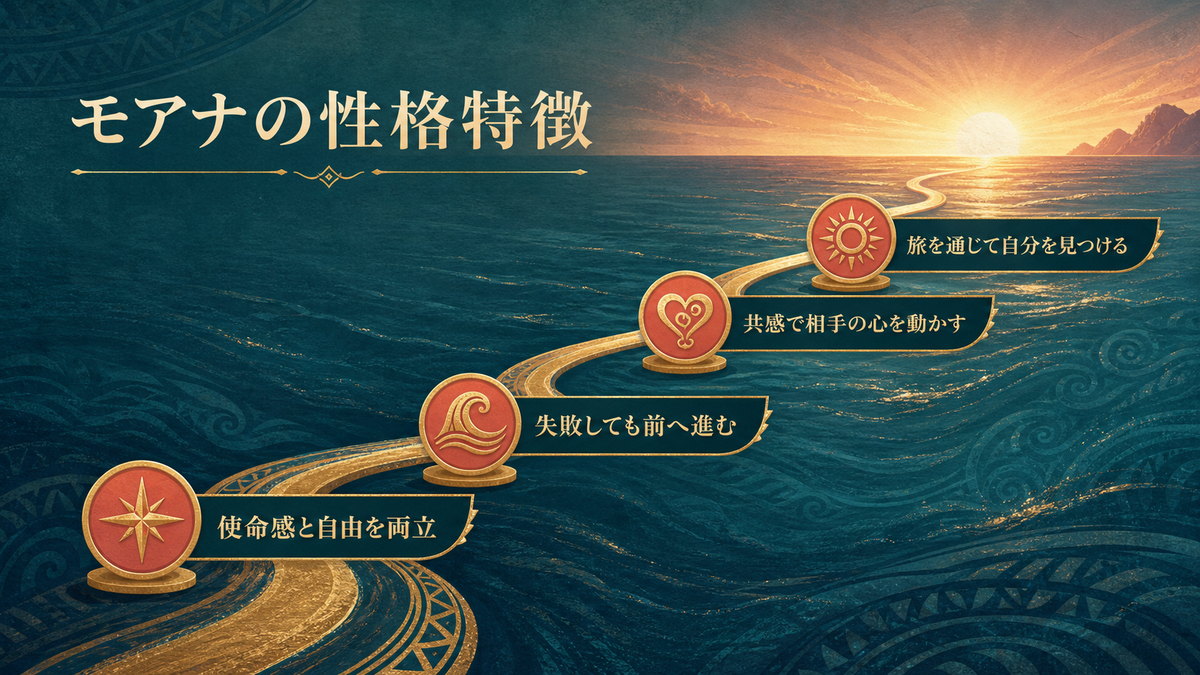 モアナの使命感、前向きさ、共感力、自己発見を整理した性格特徴画像