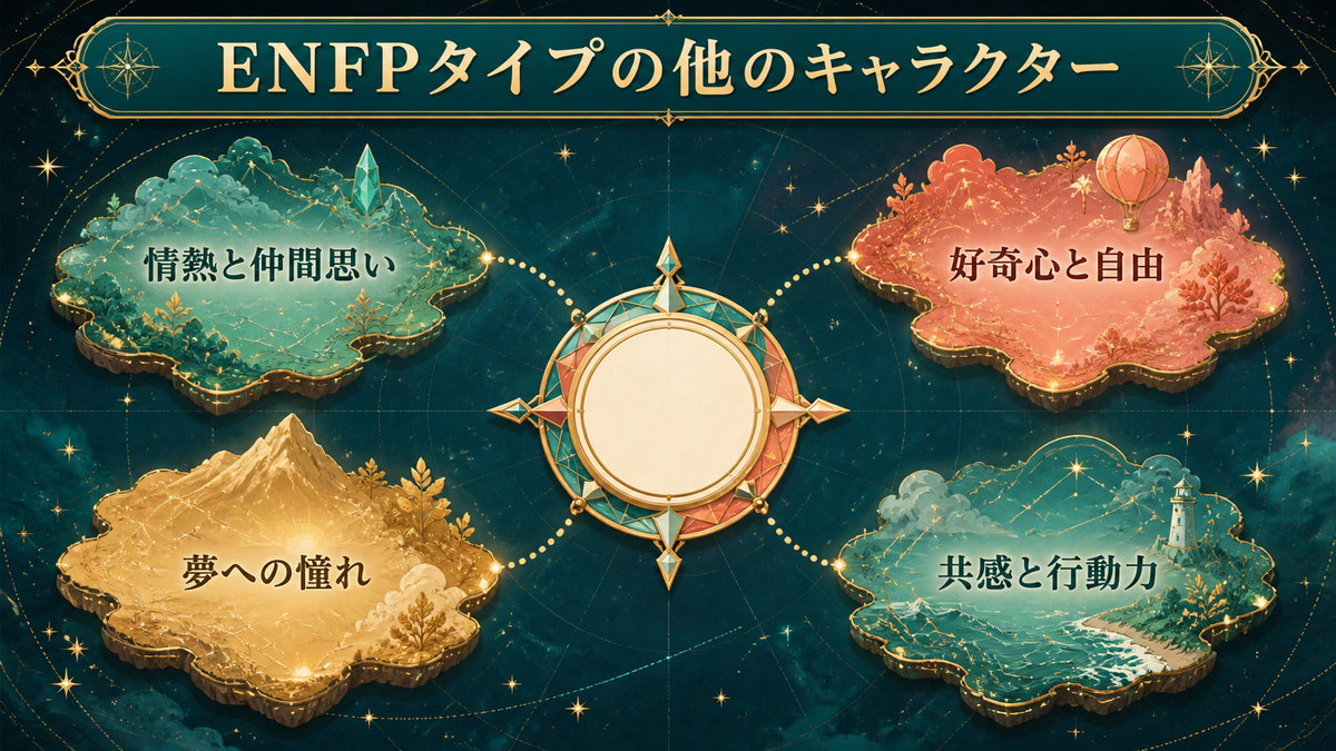 ENFPタイプのキャラクターに見られる情熱、自由、夢、共感を整理した画像