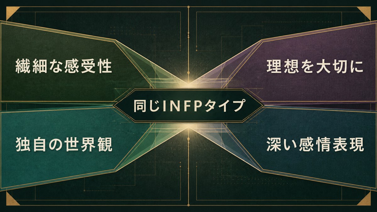 同じINFPタイプに共通する感受性、世界観、理想、深い感情表現を整理した画像