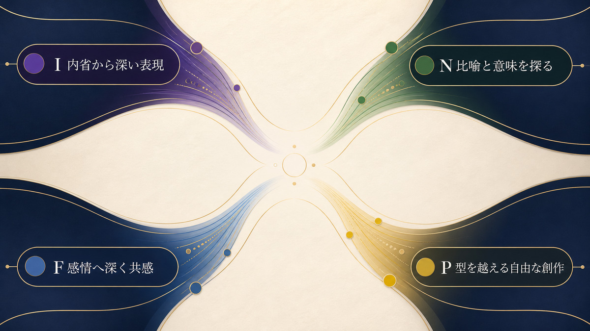 Official髭男dismをINFPと考えるI・N・F・Pの4軸を整理した要約画像