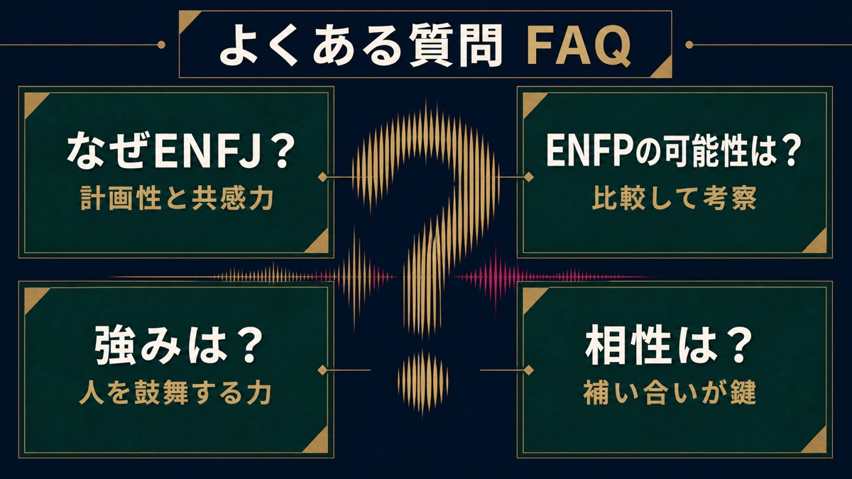 TakaのENFJ分析、ENFPの可能性、強み、相性に関するFAQを整理した画像