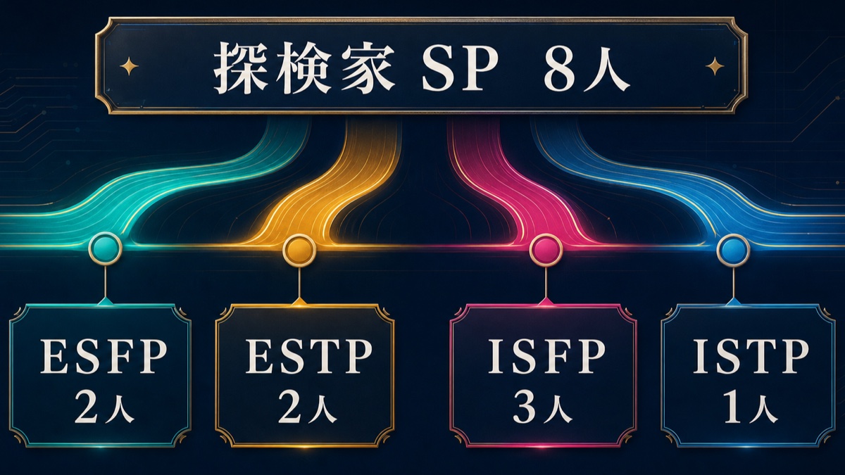 ペルソナシリーズの探検家SP8人をESFP2人、ESTP2人、ISFP3人、ISTP1人に整理した画像