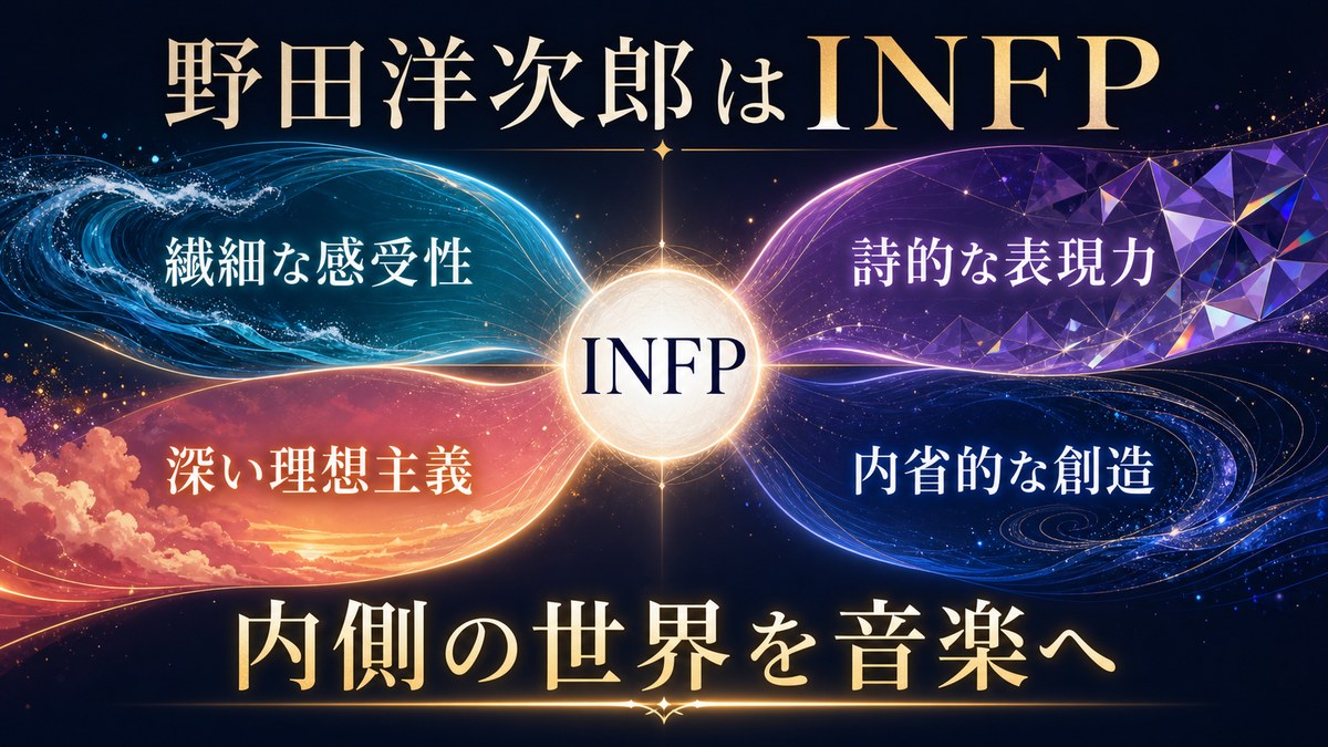 野田洋次郎さんのINFPらしさを感受性、詩的表現、理想主義、内省的創造性でまとめた画像