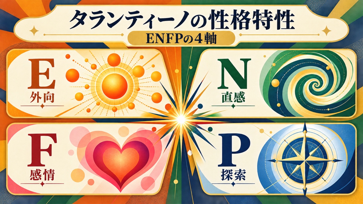 タランティーノのENFP傾向をE外向・N直感・F感情・P探索の4軸で整理した画像