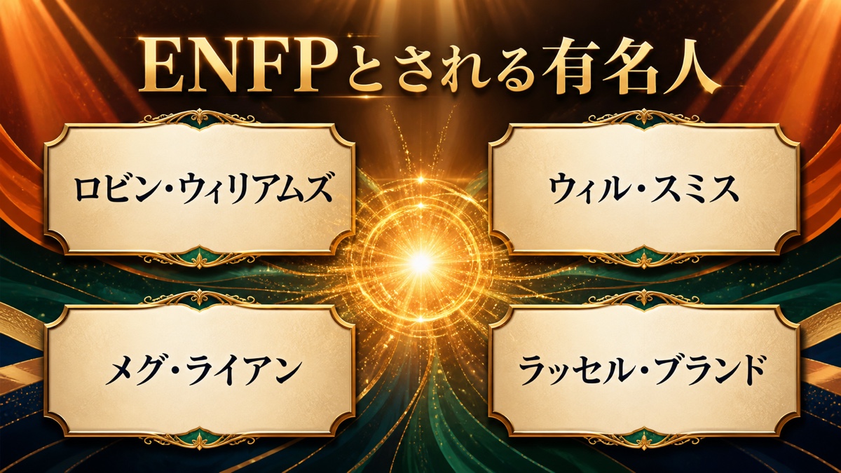 記事でENFPとされるロビン・ウィリアムズ、ウィル・スミス、メグ・ライアン、ラッセル・ブランドを整理した画像