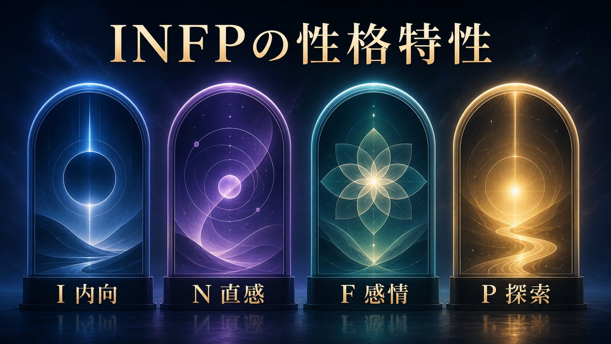 INFPの性格特性をI内向・N直感・F感情・P探索で整理した画像
