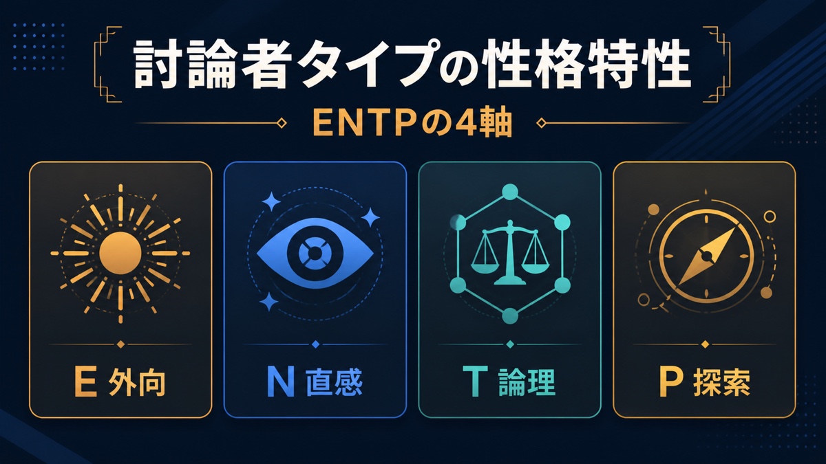 討論者タイプの性格特性をE外向・N直感・T論理・P探索の4軸で整理した画像