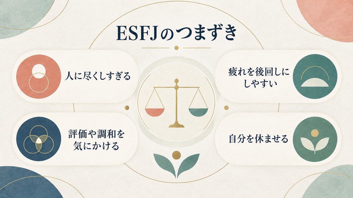ESFJのつまずきを尽くしすぎ・疲れの後回し・評価や調和・休息の観点で整理した画像