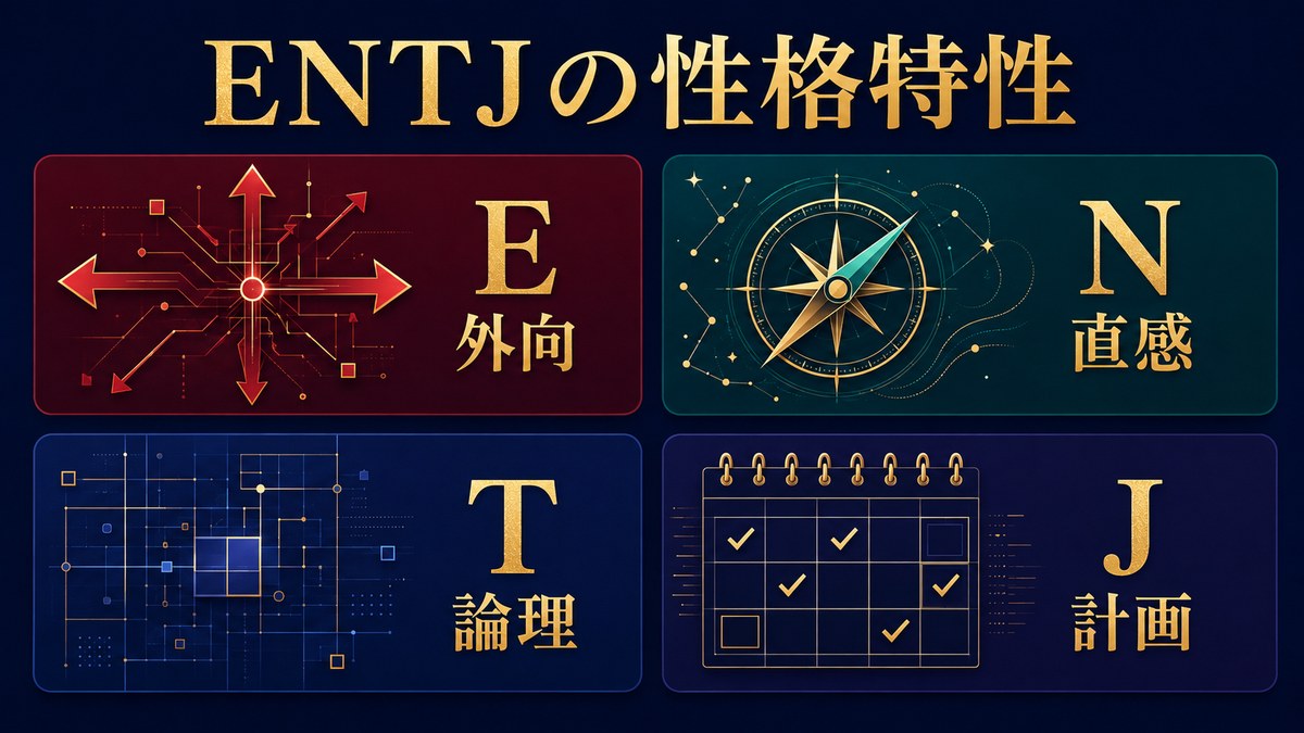 ENTJの外向・直感・論理・計画という4つの性格特性を示す画像